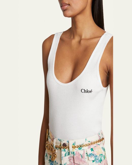 Chloé White Logo Embroidered Tank Top