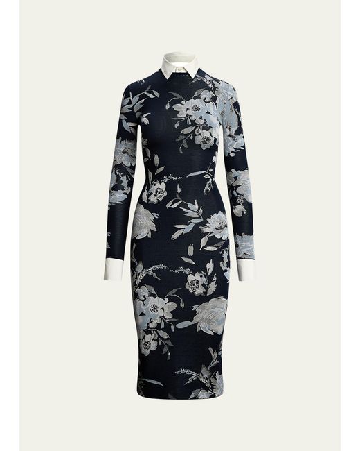 Ralph Lauren Collection White Floral Silk-blend Jacquard Sweater Day Dress With Detachable Collar & Cuffs
