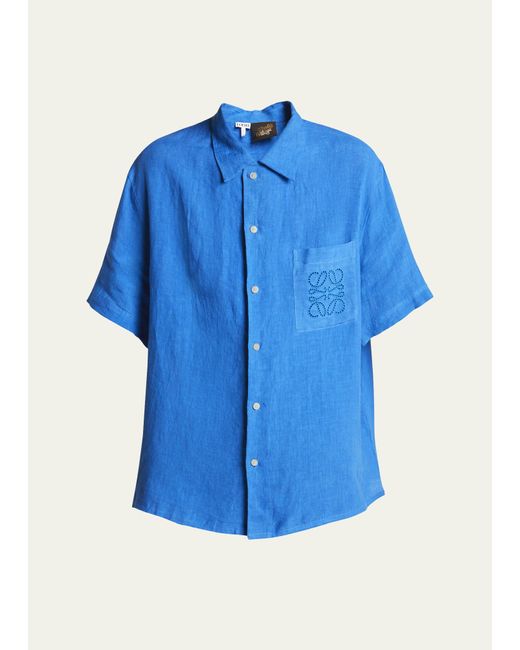 Loewe Blue Embroidered Anagram Linen Short-sleeve Shirt for men