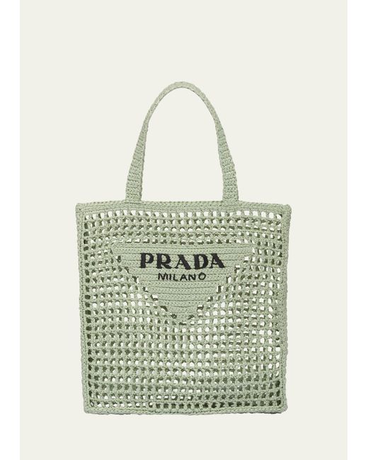 Prada Green Bicolor Woven Logo Shopper Tote Bag