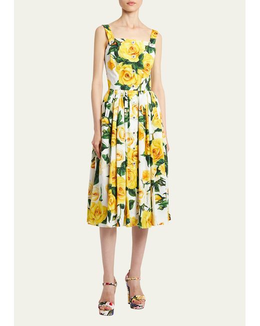 Dolce & Gabbana Yellow Rose Floral Print Poplin Midi Dress