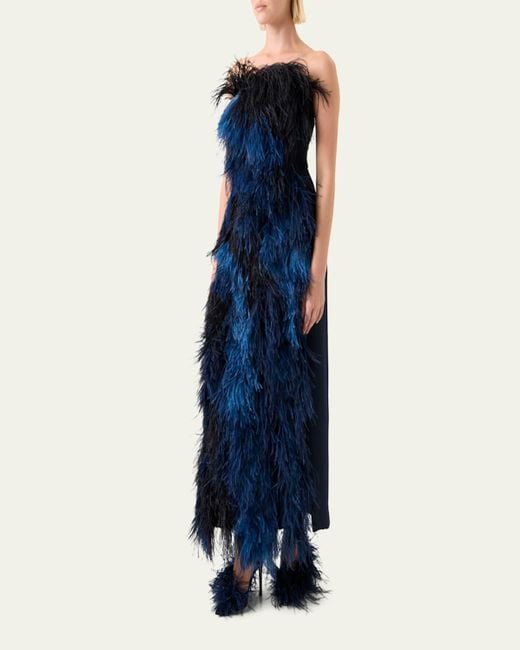 Akris Blue Strapless Ostrich Feather Gown