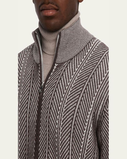 Brunello Cucinelli Gray Cashmere Chevron Full-Zip Sweater for men