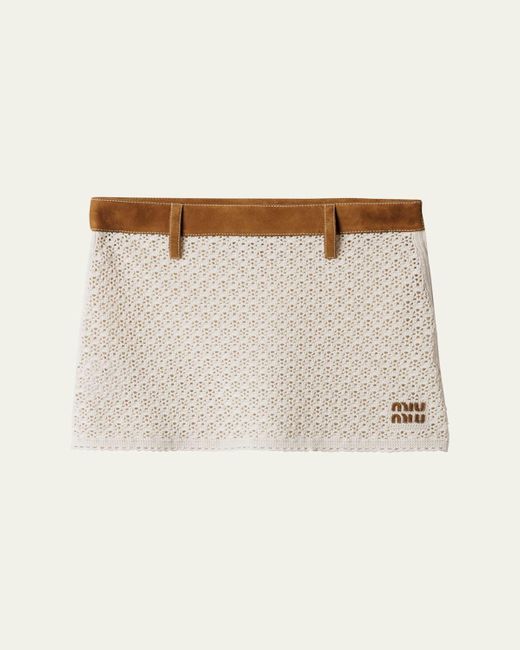 Miu Miu Natural Cotton Crochet Pelle Mini Skirt