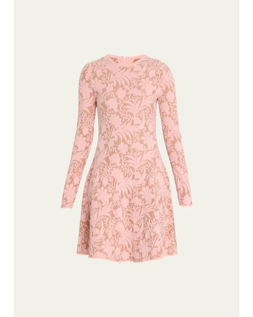 Lela Rose Pink Floral Jacquard Long-sleeve Fit-&-flare Dress