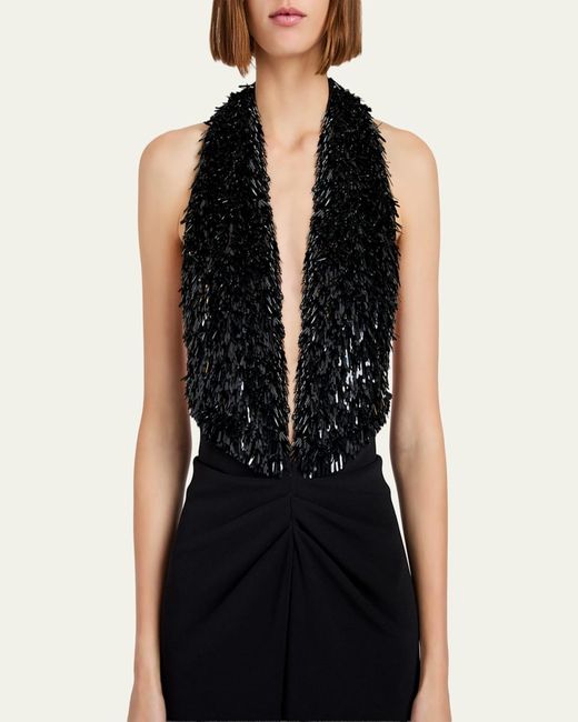 Proenza Schouler Black Moira Embroidered Compact Crepe Plunge-Neck Dress