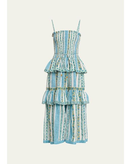 Hannah Artwear Blue Ariella Square-neck Smocked Tiered Poplin Midi Dress