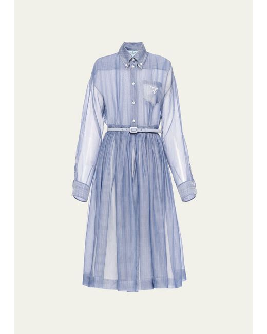 Prada Blue Organza Stripe Belted Midi Dress