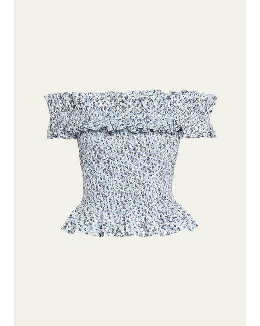 Ganni Blue Printed Cotton Off-shoulder Smock Top