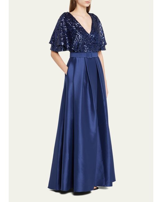 Badgley Mischka Blue Flutter-sleeve Pleated Sequin Gown