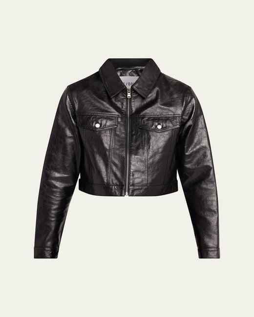 Re/done Black Leather Crop Trucker Jacket