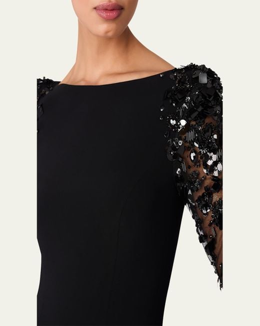 Jenny Packham Black Sylvia Beaded Long-Sleeve Crepe Gown