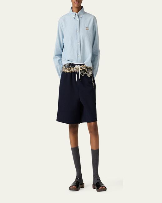 Miu Miu Blue Chambray Riga Long-Sleeve Crop Button-Down Shirt