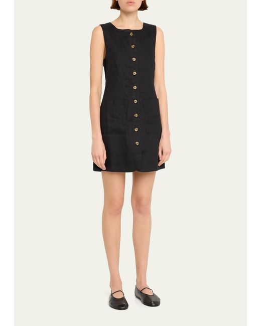 Posse Black Emma Sleeveless Button-front Linen Mini Dress
