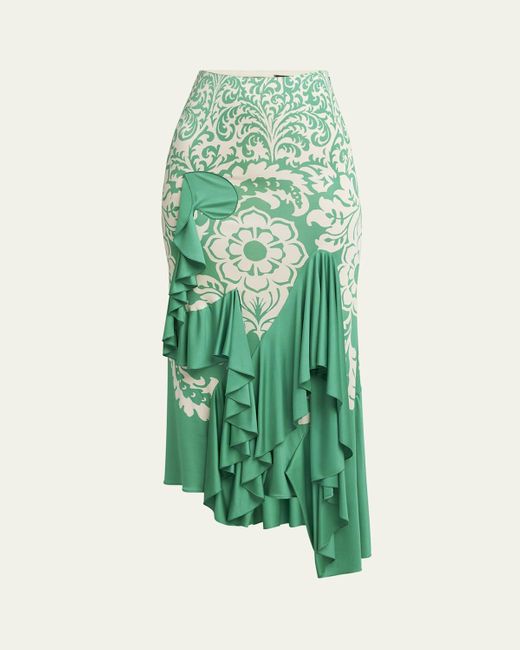 Etro Green Printed Draped Ruffle Maxi Skirt