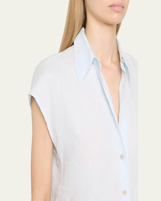 Vince Blue Cap-Sleeve Linen Button-Front Blouse
