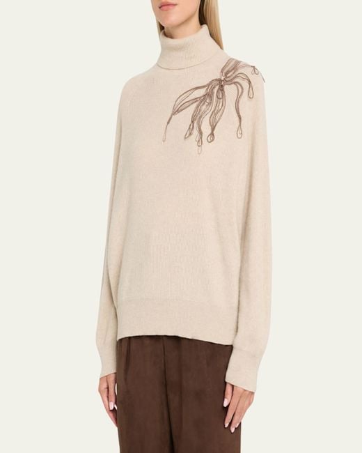 Brunello Cucinelli Natural Cashmere Turtleneck With Monili Flower Detail