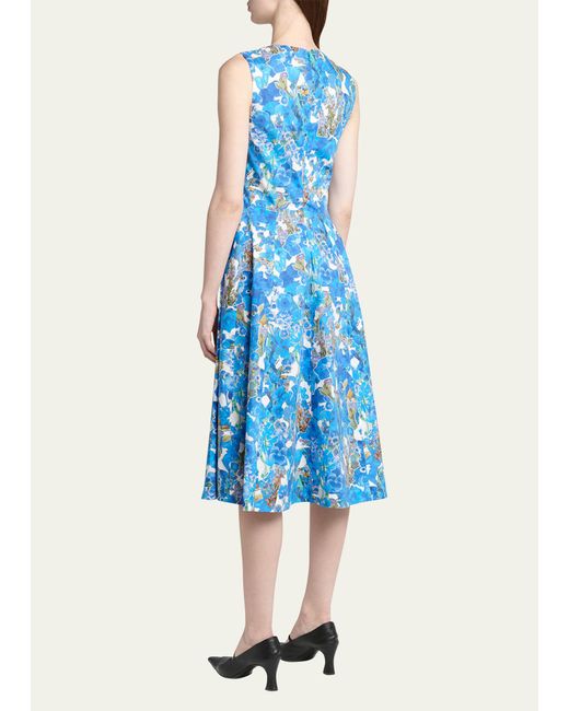 Marni Blue Floral Print Poplin Midi Dress