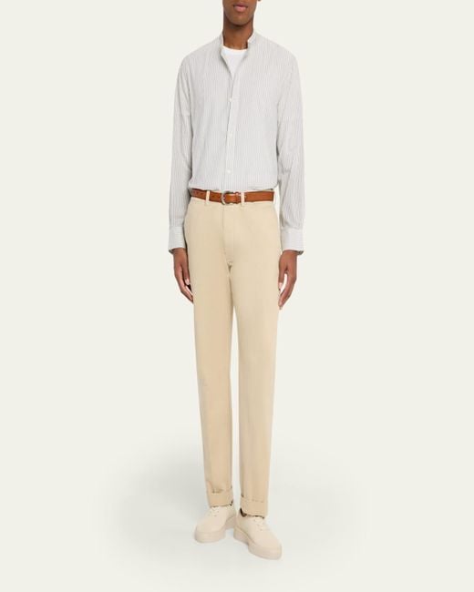 Officine Generale White Gali Band-Collar Cotton Stripe Button-Down Shirt for men