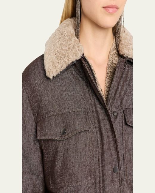 Brunello Cucinelli Brown Sparkling Wool-Blend Padded Jacket With Removable Shearling Collar