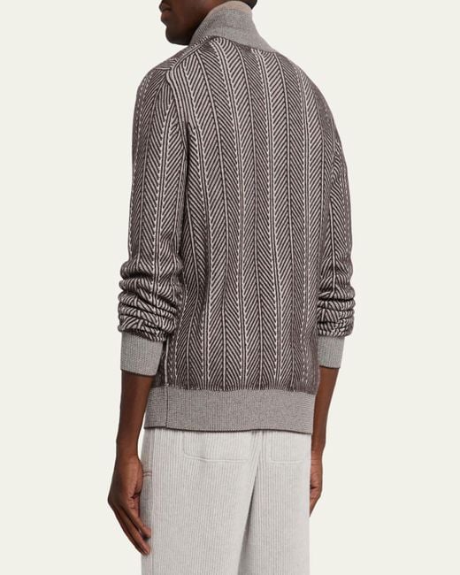 Brunello Cucinelli Gray Cashmere Chevron Full-Zip Sweater for men