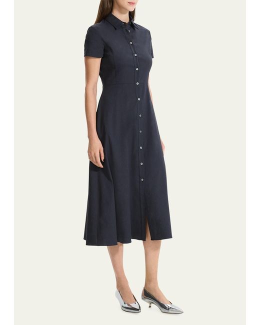 Theory Blue Good Linen Short-sleeve Button-front Midi Shirt Dress
