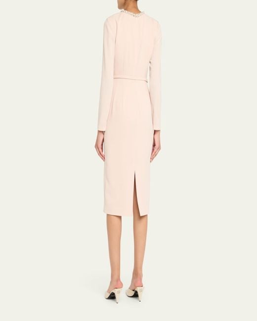 Roland Mouret Natural Beaded Twist Long-Sleeve Light Cady Midi Dress