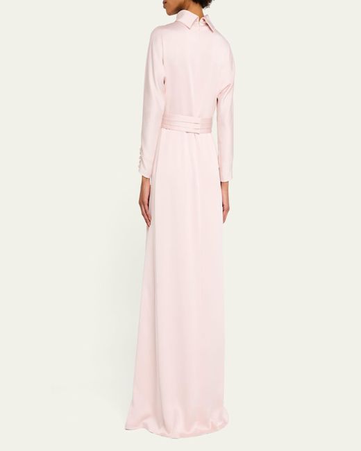 Teri Jon Pink Mock-Neck Crepe Back Satin Gown