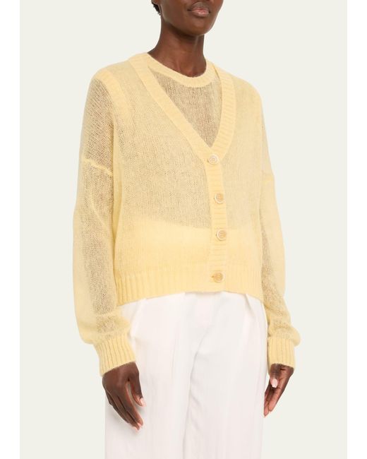Brunello Cucinelli Yellow Mohair Wool Open-knit Button-front Cardigan