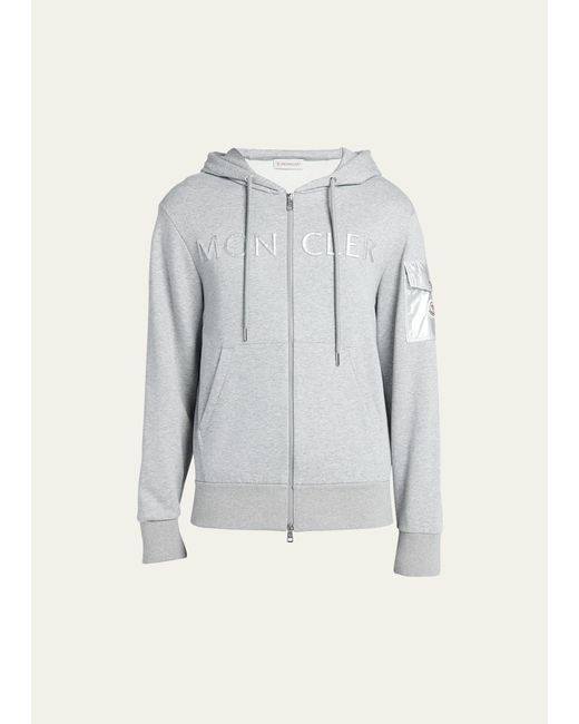 Moncler Gray Cotton Terry Embroidered Logo Zip Hoodie for men