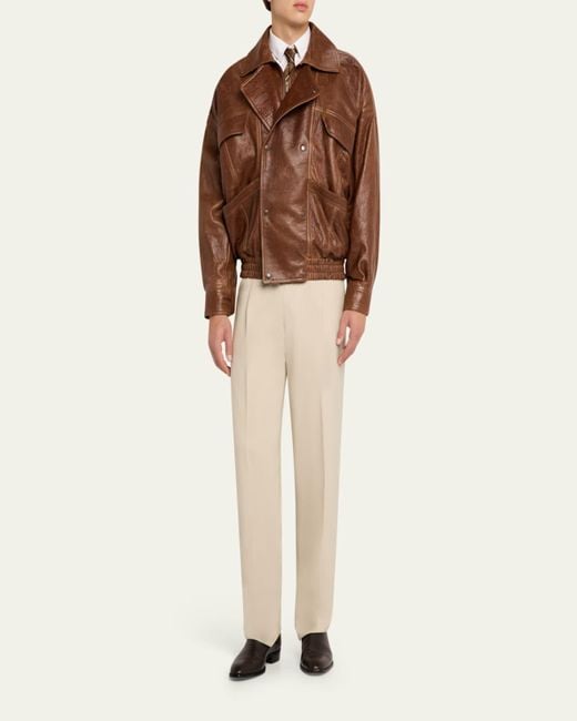 Saint Laurent Brown Antique Leather Double-Snap Bomber Jacket for men
