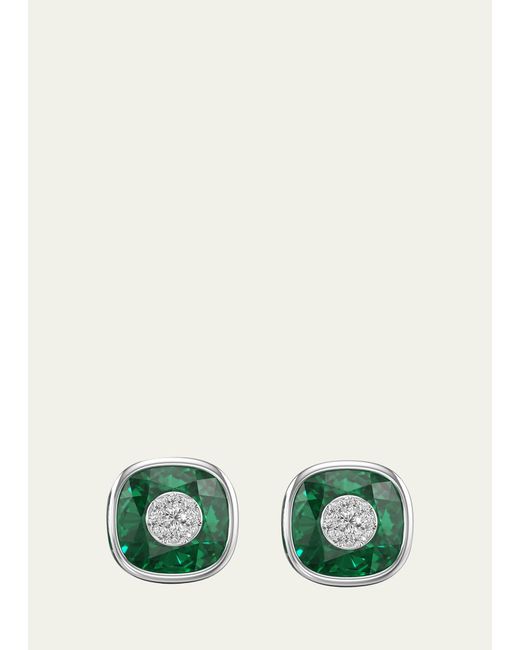 Bhansali Green One Collection 10mm Cushion Earrings With White Gold Bezel