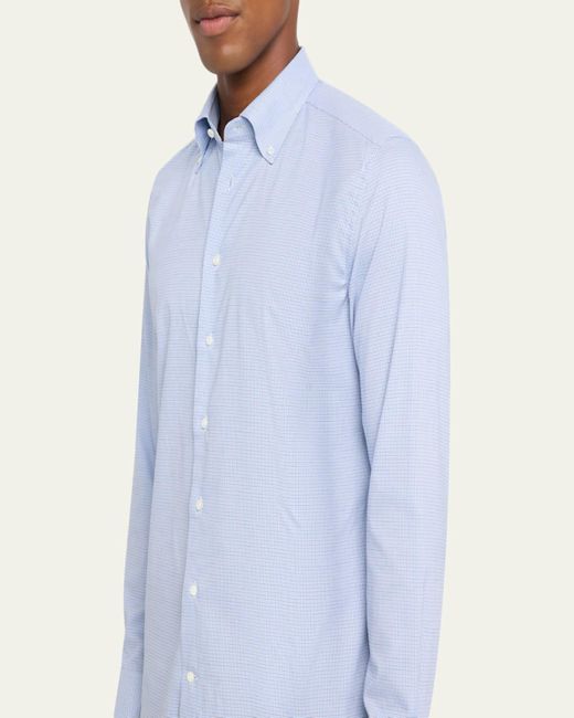 Bergdorf Goodman Blue Cotton Micro-Check Button-Collar Sport Shirt for men