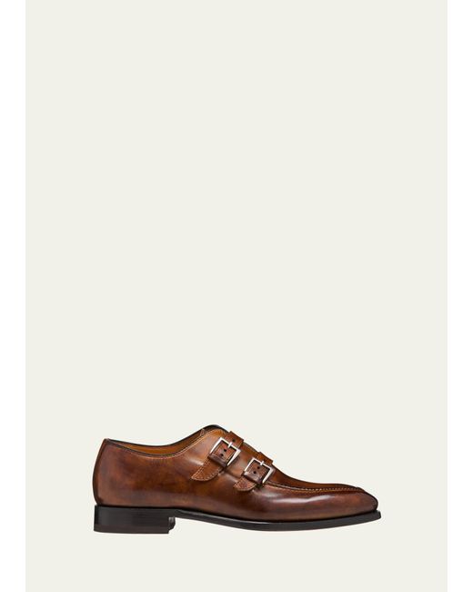 Bontoni Brown Artistico Leather Double-monk Strap Loafers for men