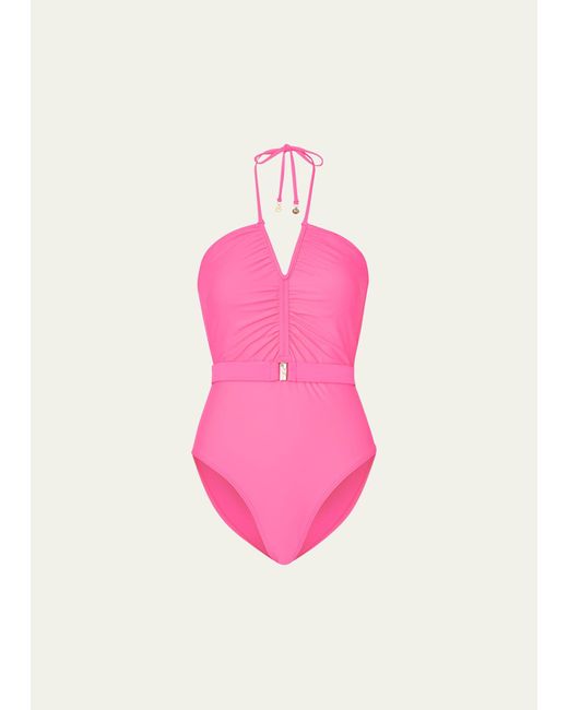 Milly Cabana Pink Ruched Halter One-piece Swimsuit