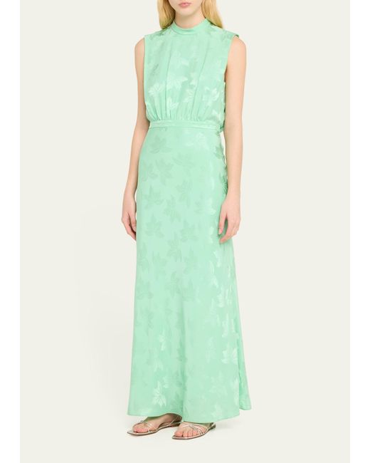 Saloni Green Fleur F Silk Jacquard Sleeveless Midi Dress