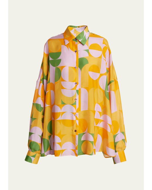 Dries Van Noten Yellow Casia Abstract-print Oversized Silk Collared Shirt