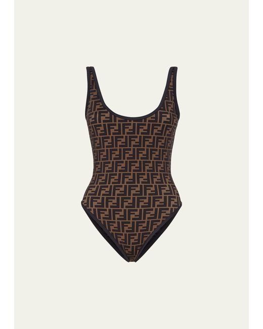 Fendi Brown Ff Logo Scoop-back One-piece Swimsuit
