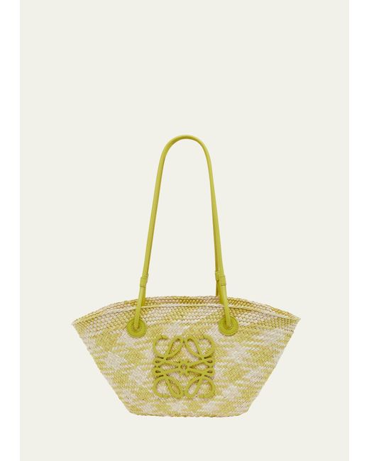 Loewe Natural X Paula's Ibiza Anagram Basket Shoulder Bag In Checkered Iraca Palm With Leather Handles