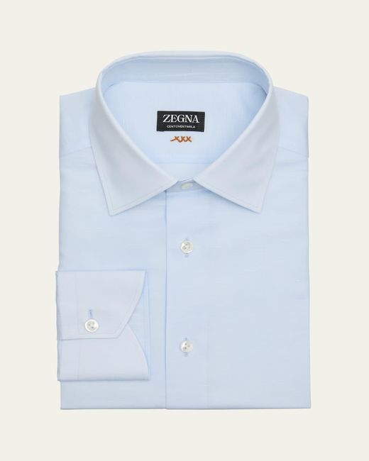 ZEGNA Men's Blue Centoventimila Cotton And Linen Dress Shirt ZEGNA Men's Blue Centoventimila Cotton And Linen Dress Shirt