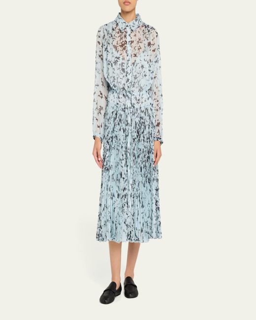 Proenza Schouler Blue Jones Printed Crinkle Chiffon Pleated Dress
