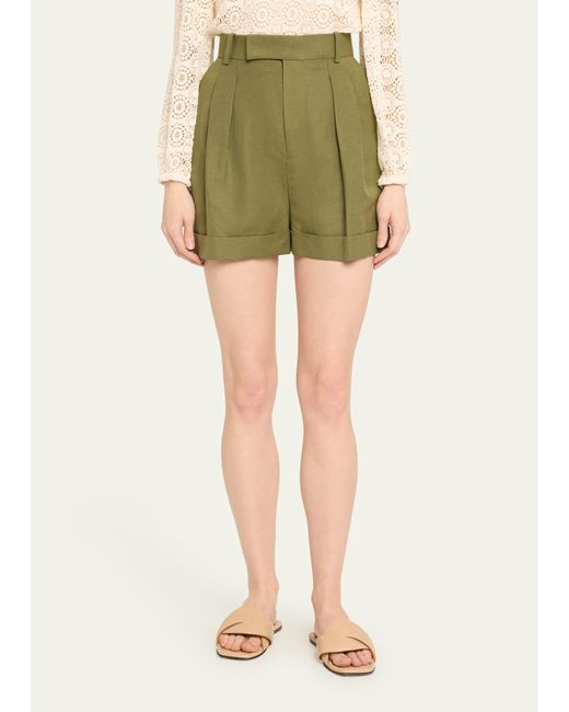 FRAME Green Pleated Wide-cuff Shorts