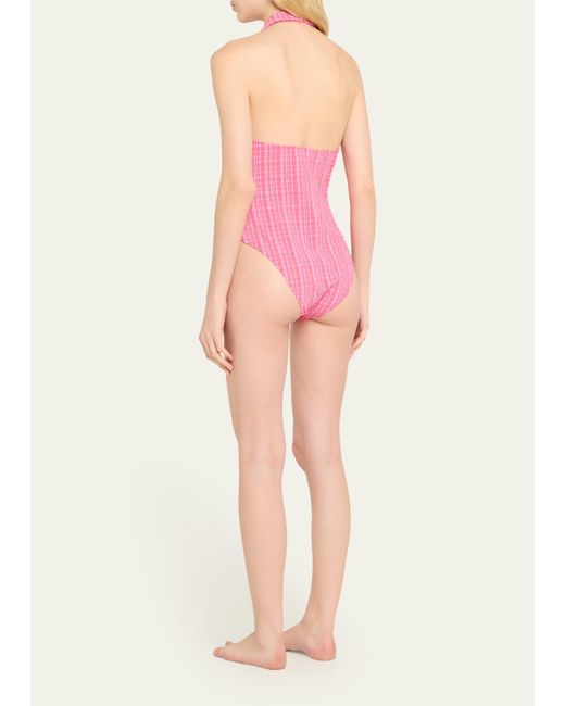 Lisa Marie Fernandez Pink Striped Seersucker Polo One-piece Swimsuit