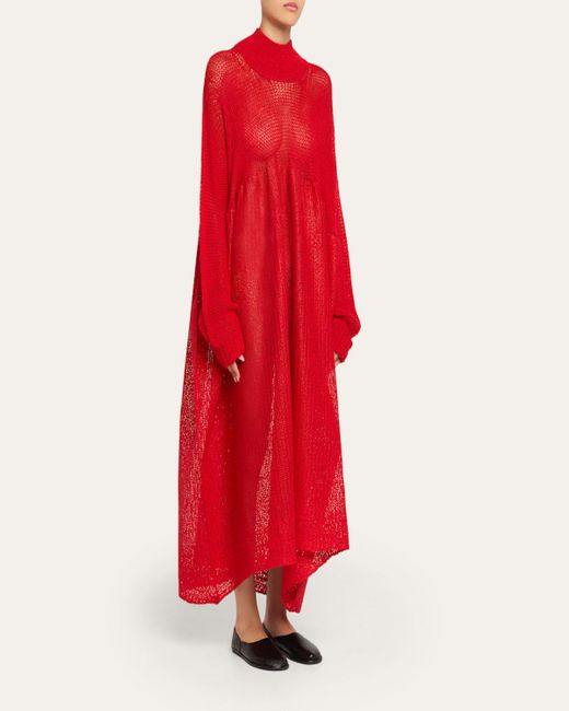 Issey Miyake Red Long-Sleeve Sculpted Knit Maxi Dress
