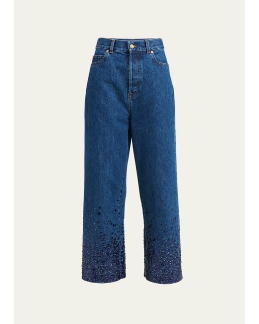 Valentino Garavani Blue Sequin Embroidered Wide-leg Ankle Denim Jeans