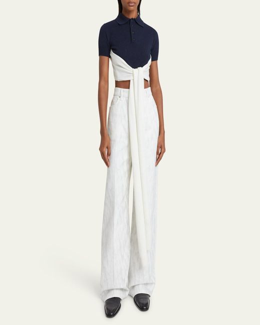 Loewe Blue Colorblock Cropped Backless Wool Cashmere Polo Sweater With Self-Tie