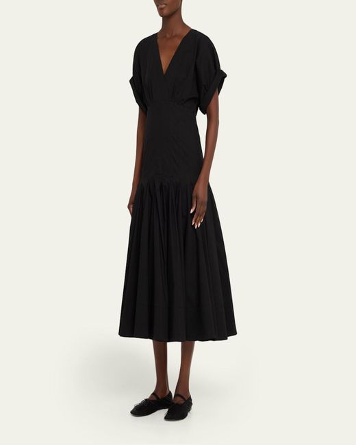 Proenza Schouler Black Ciara Short-Sleeve Poplin Drop-Waist Midi Dress