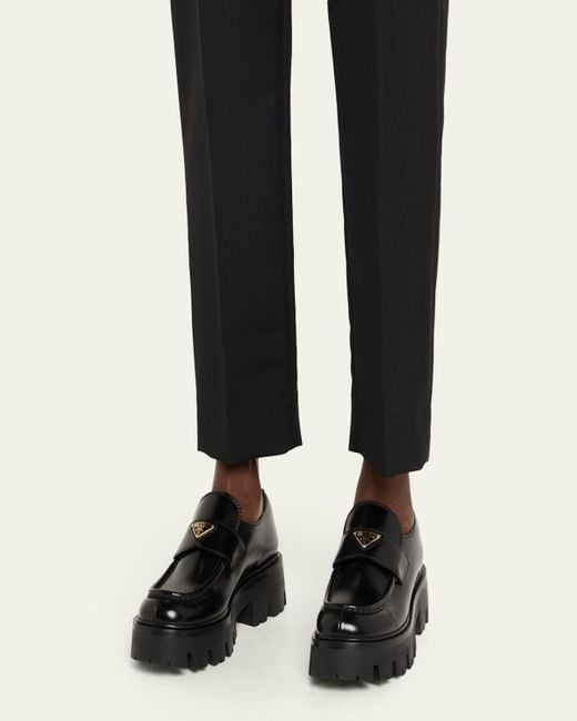 Prada Black Platform Leather Triangle Logo Loafers