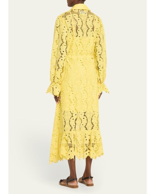Evi Grintela Yellow Judy Blouson-sleeve Floral Lace Midi Shirtdress