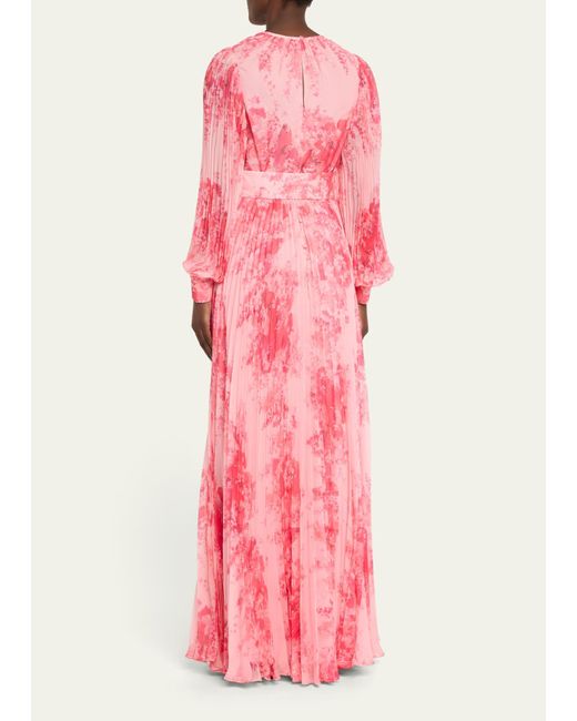 Teri Jon Pink Pleated Floral-print Blouson-sleeve Gown